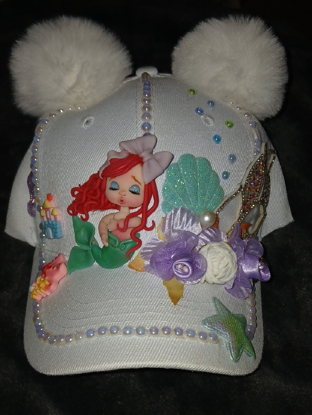 White Kids Pom-Pom Mermaid Baseball Cap with Purple Accents